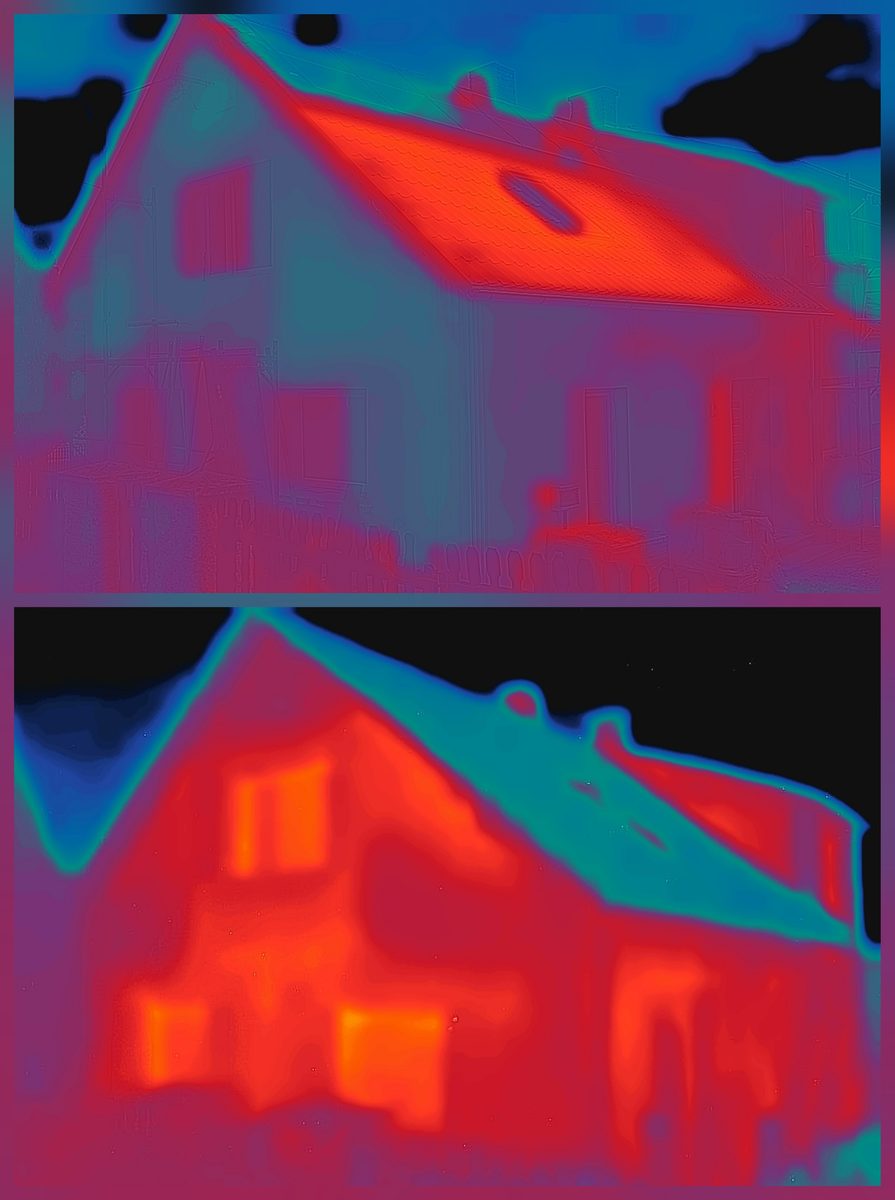 Due immagini termografiche di una casa unifamiliare sovrapposte, prima e dopo il rivestimento. Le superfici della facciata e il tetto si distinguono nettamente per colore.