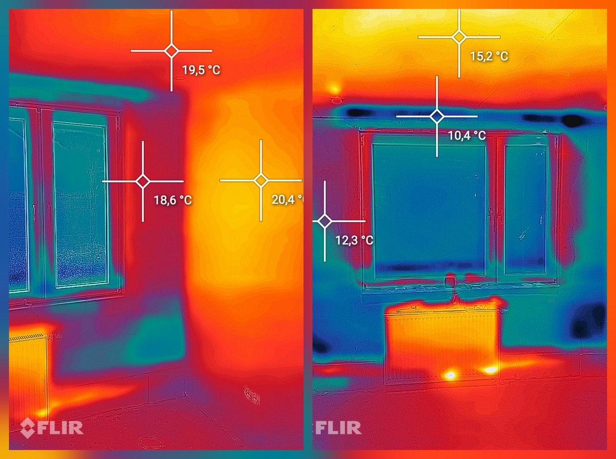 Due immagini termografiche di un soggiorno affiancate. A destra punti di misura freddi con 15,2, 10,4 e 12,3 gradi su parete e architrave, a sinistra lo stesso punto con 19,5, 18,6 e 20,4 gradi.