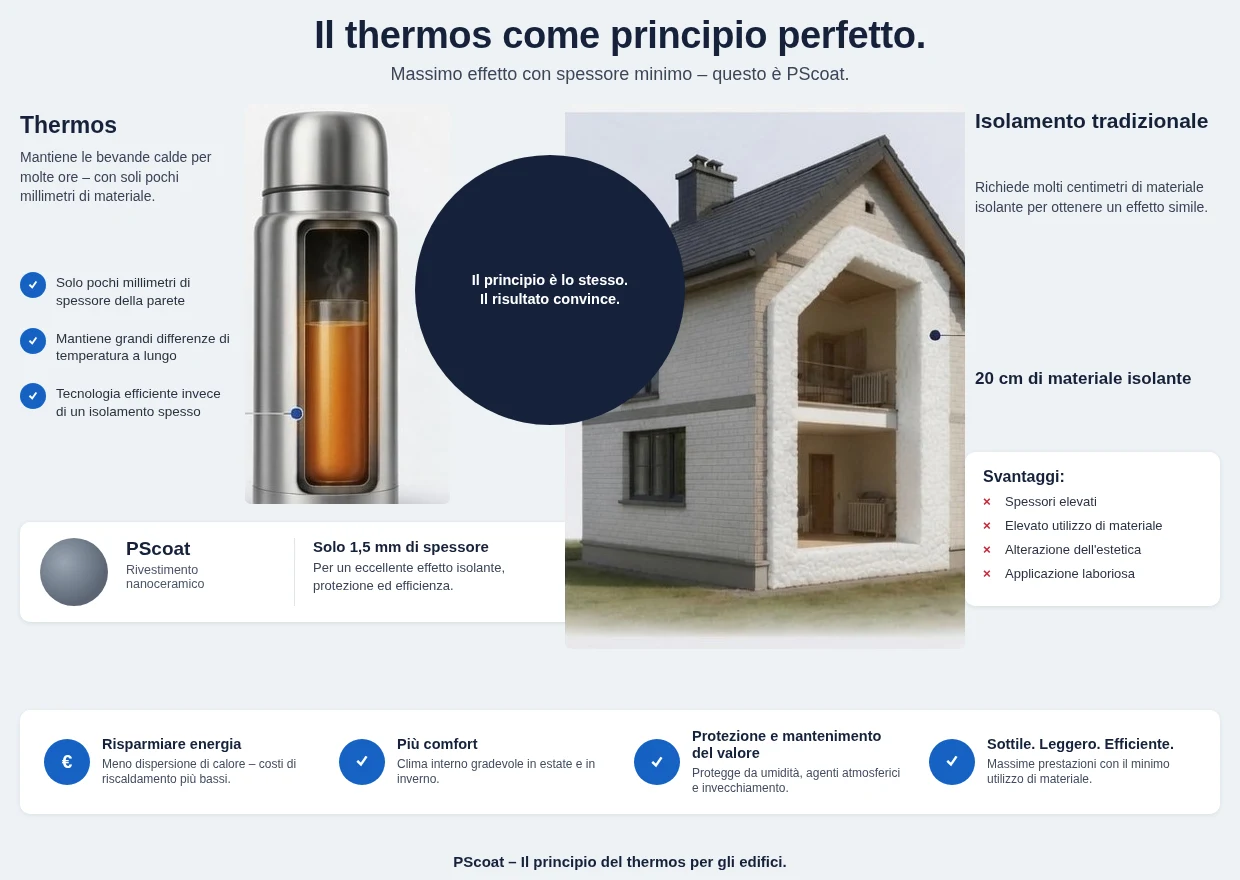 Grafico comparativo: un thermos isola con pochi millimetri di spessore parete, l'isolamento tradizionale richiede per questo da quindici a venti centimetri di polistirolo