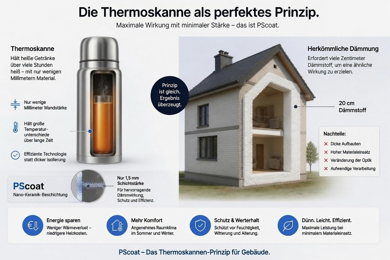 Grafico comparativo: un thermos isola con pochi millimetri di spessore parete, l'isolamento tradizionale richiede per questo da quindici a venti centimetri di polistirolo
