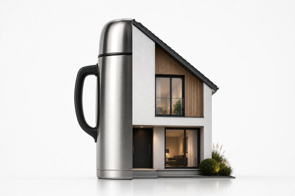 Una casa d'abitazione la cui metà sinistra è realizzata come un thermos — il rivestimento trattiene il calore nell'edificio invece di ispessire la parete.